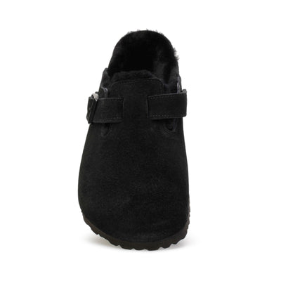 birkenstock-womens-clog-shoes-boston-fur-black-suede-259881-front